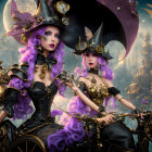 Stylized witches with purple hair playing violins in mystical setting