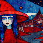 Fantasy artwork: Blue-faced woman in red hat, surreal night sky & red houses