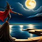 Woman in witch costume by lake with moons, orbs, and mountain landscape