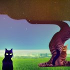 Twisted Tree and Cats Under Starry Night Sky