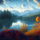 Vivid autumn landscape with lake, mountain, and moon.