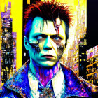 Man with damaged cybernetic features in neon-lit cityscape.