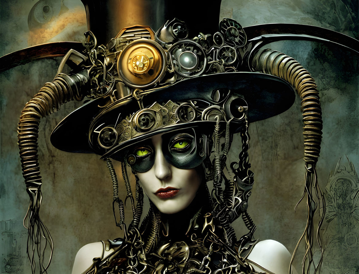 Steampunk-themed digital art of a woman with mechanical hat and glowing goggles