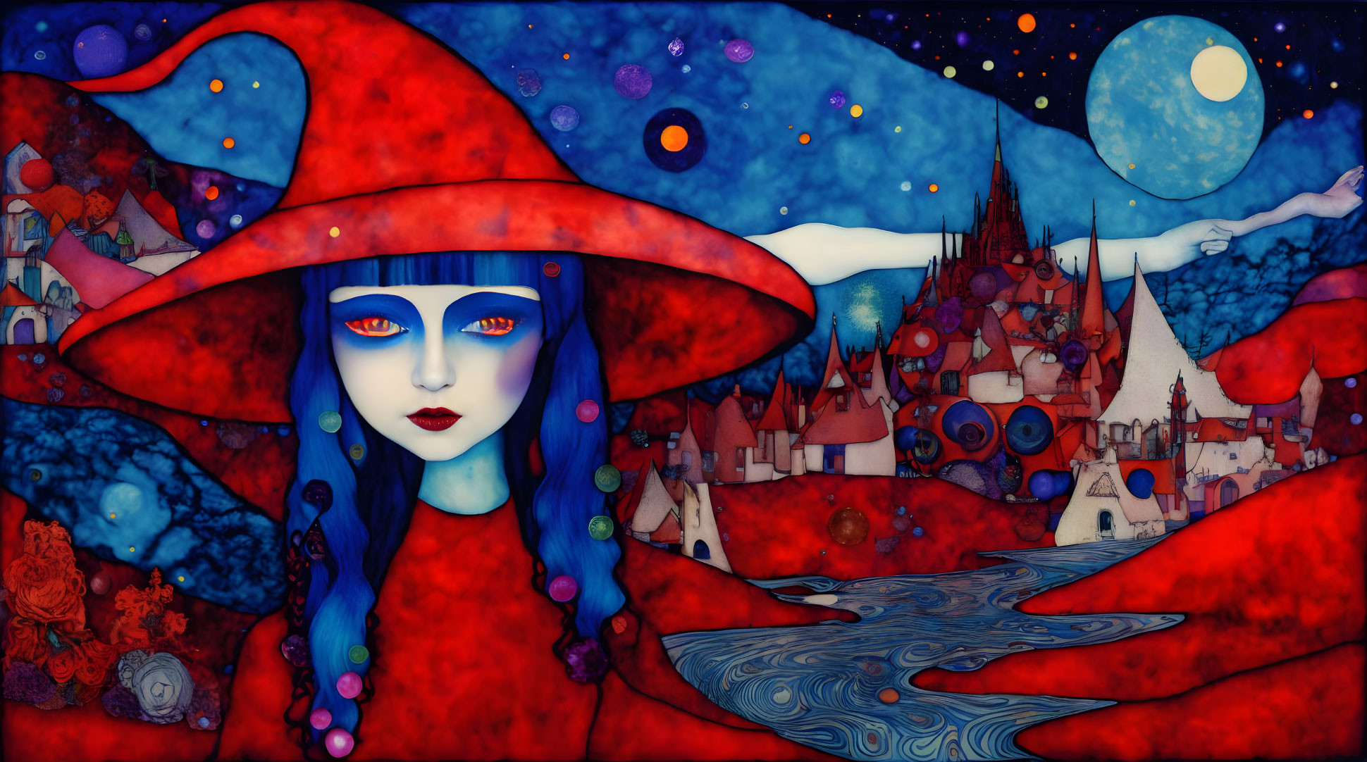 Colorful illustration of a blue-skinned woman in red attire under a large hat with a whimsical