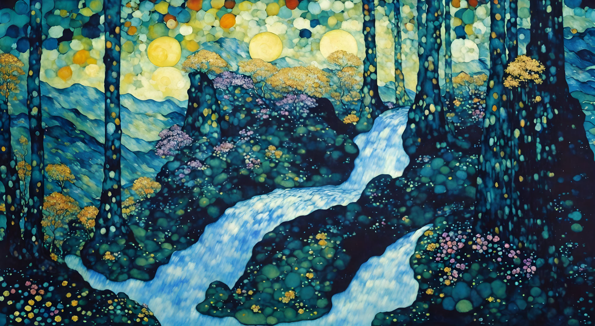 Colorful Forest Painting with Stream and Moons