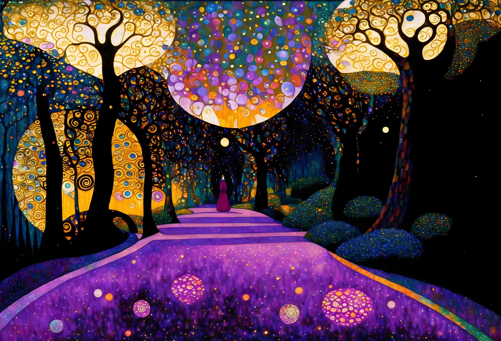 Colorful Stylized Painting: Person Walking in Whimsical Forest