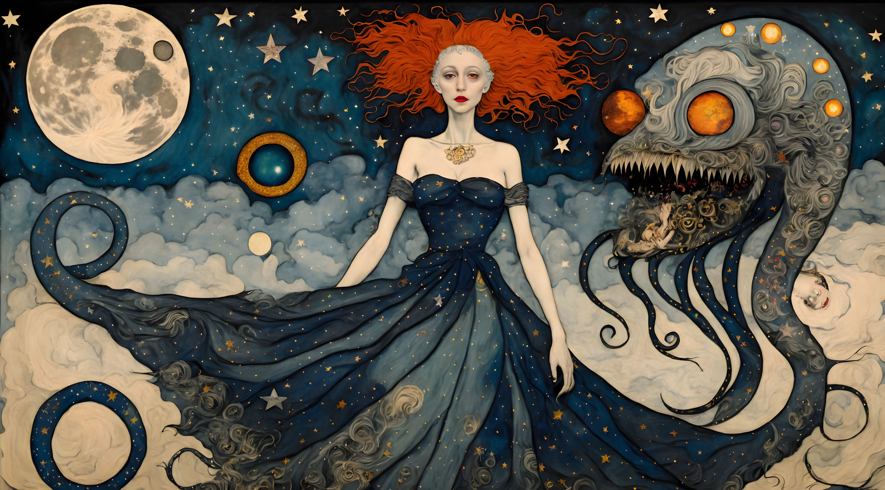 Surreal illustration of woman in starry dress with red hair, moon, celestial bodies, and