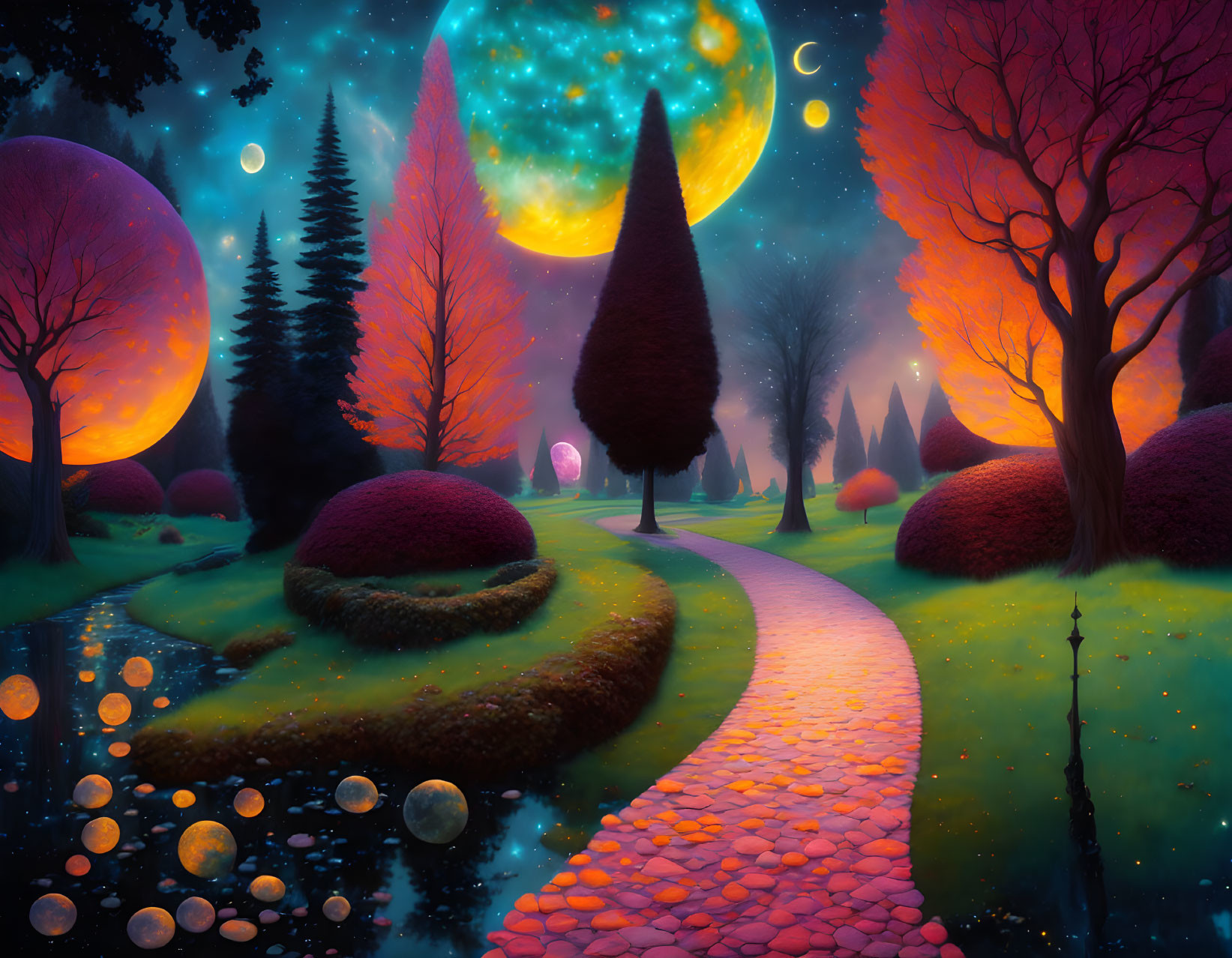 Fantasy landscape with colorful moons, glowing orbs, and whimsical trees