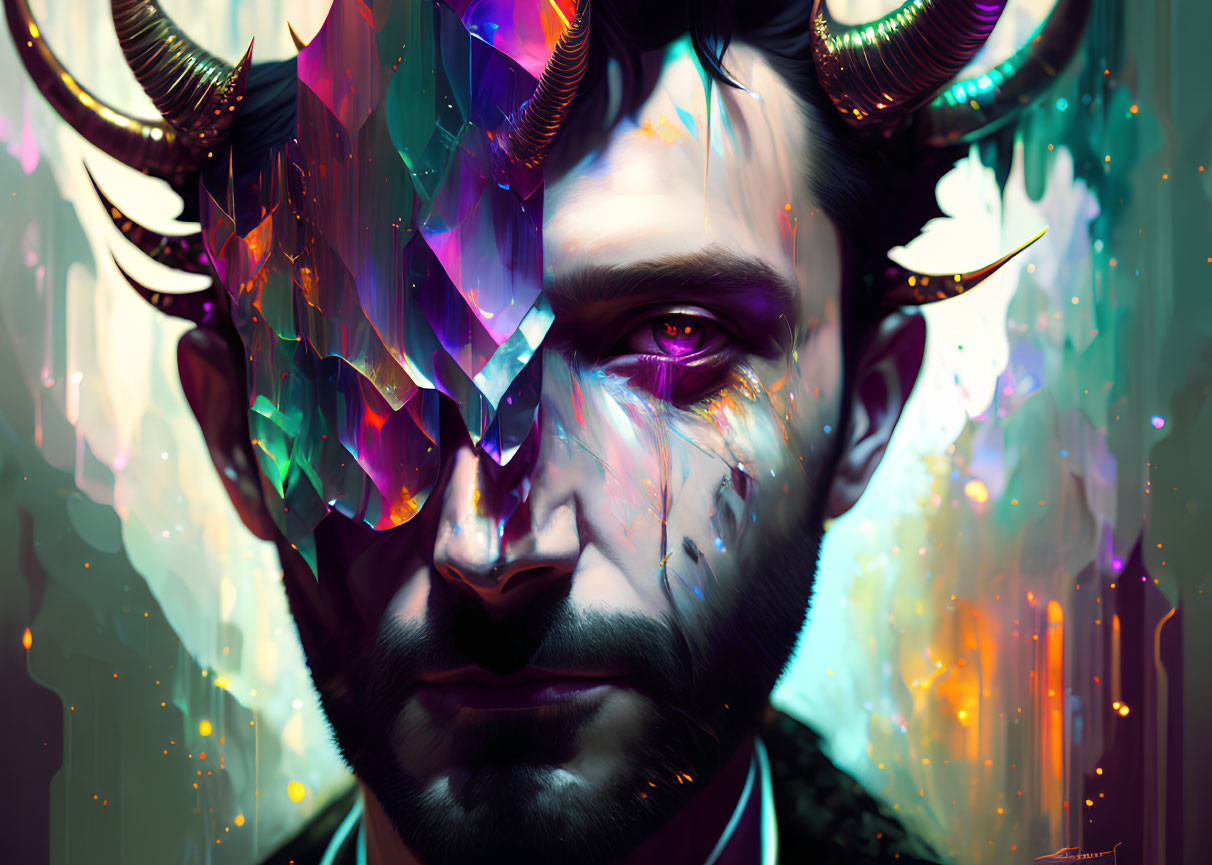 Abstract digital art: Male figure with fractured crystal face and vibrant horns in glowing background