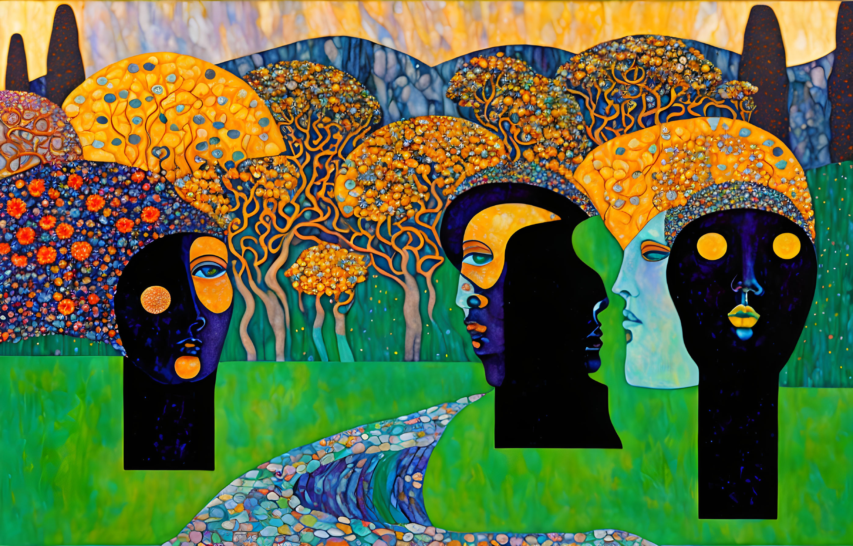 Vibrant painting: Four faces with tree-like hair in forest scene