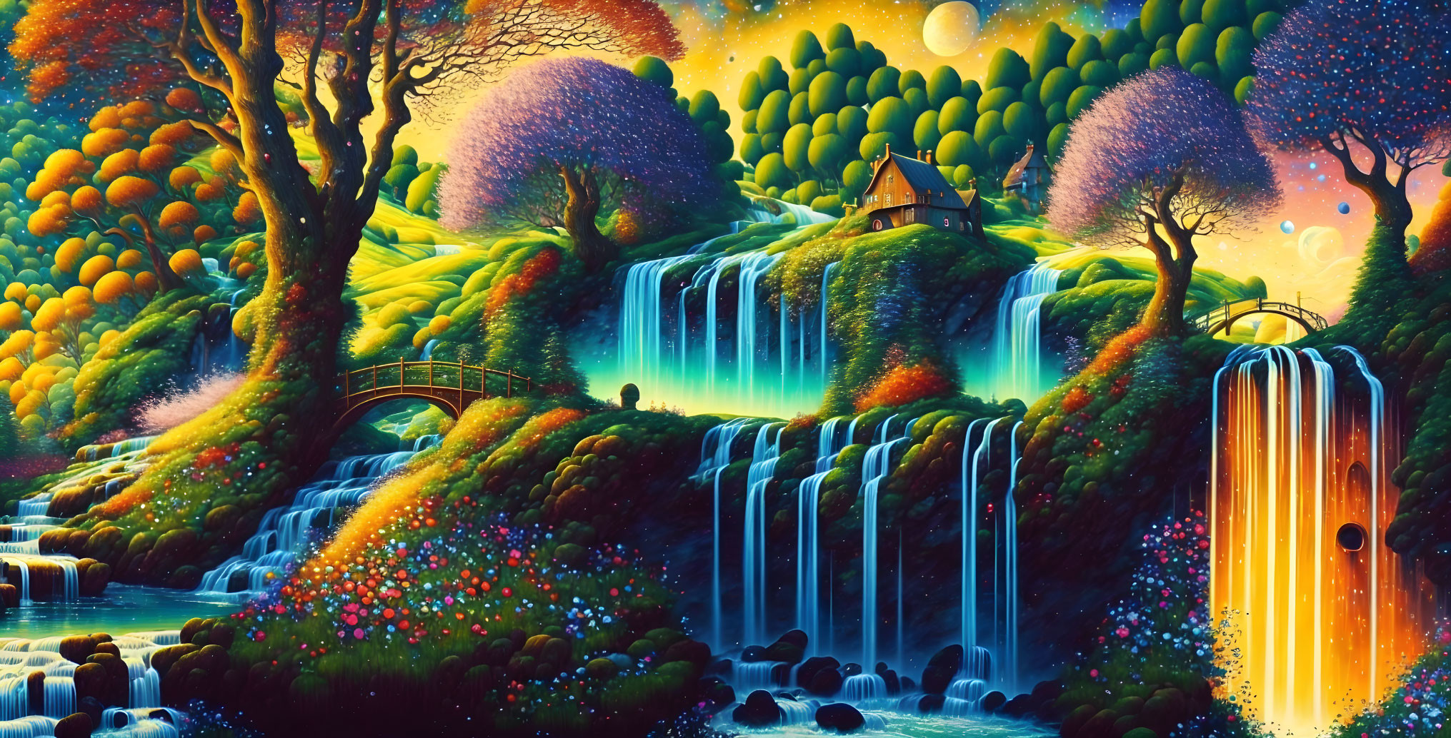 Colorful Fantasy Landscape with Waterfall Cottage & Illuminated Flora