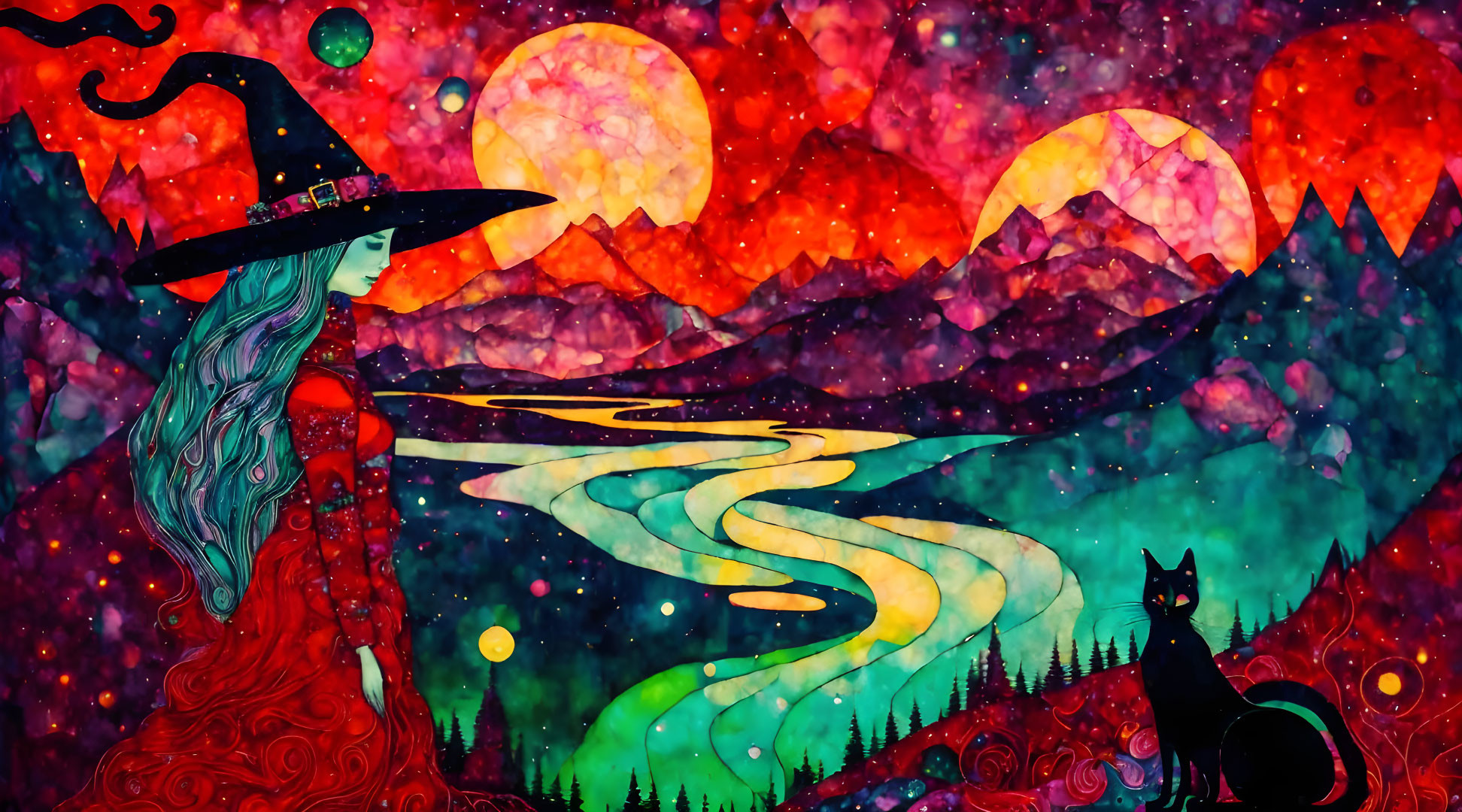 Colorful illustration of witch with long hair and black cat in mystical landscape.