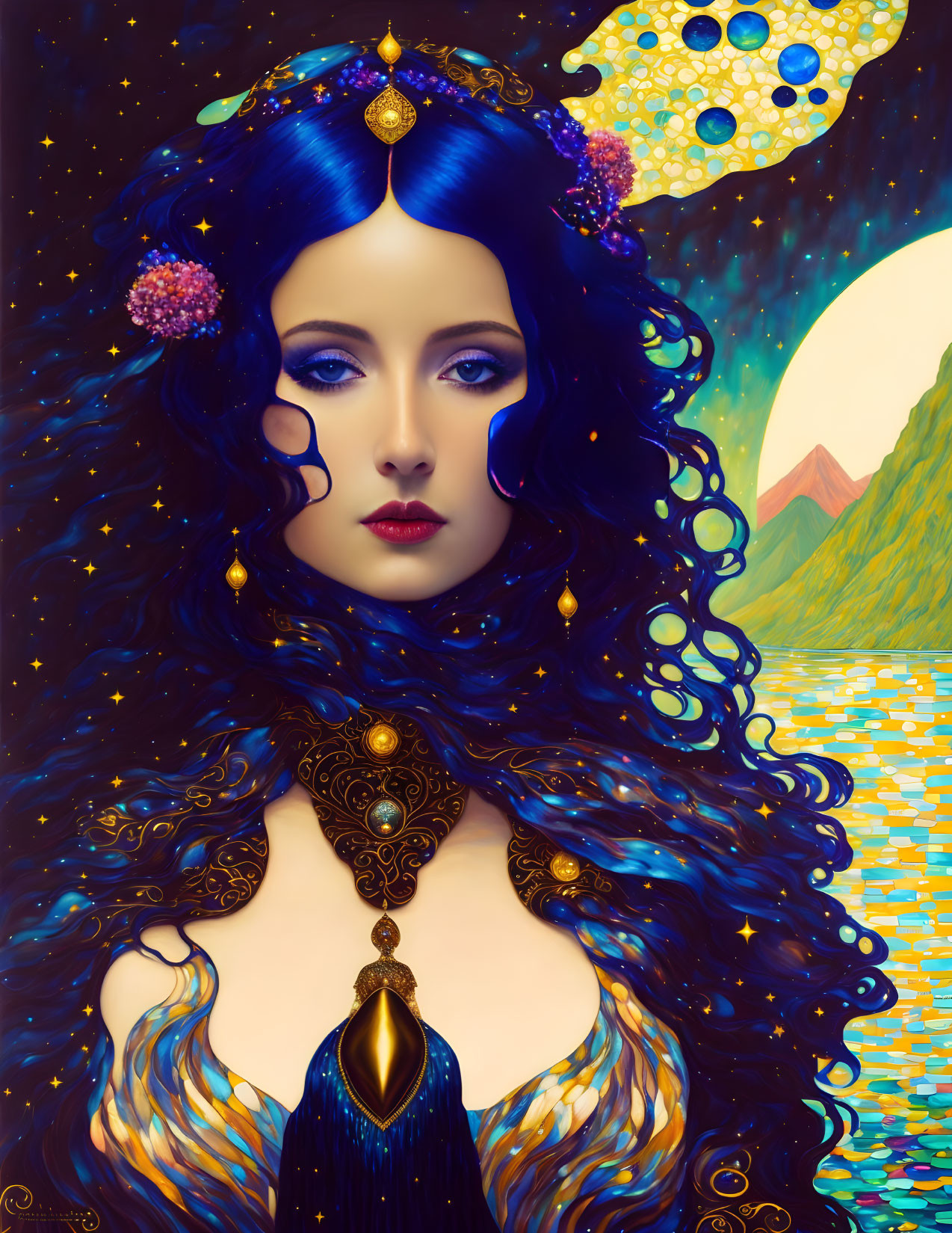 Fantastical portrait of woman with blue hair and gold ornaments against moonlit scenery