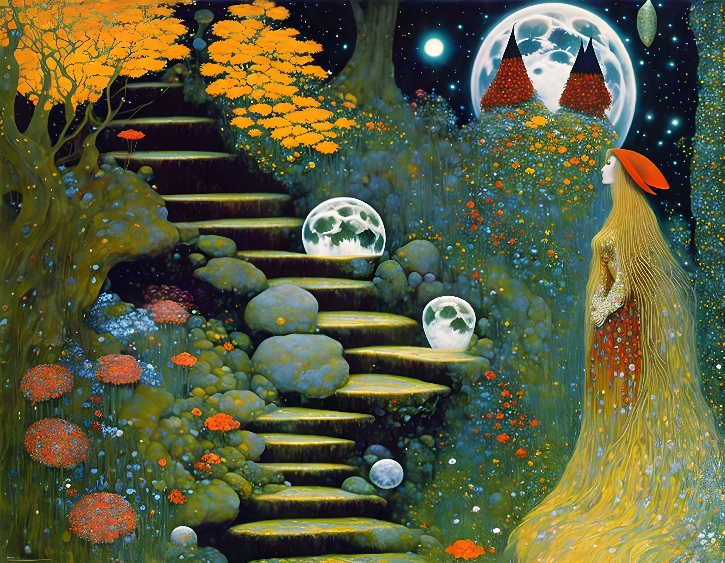 Fantasy art of long-haired woman in forest with glowing trees and moons