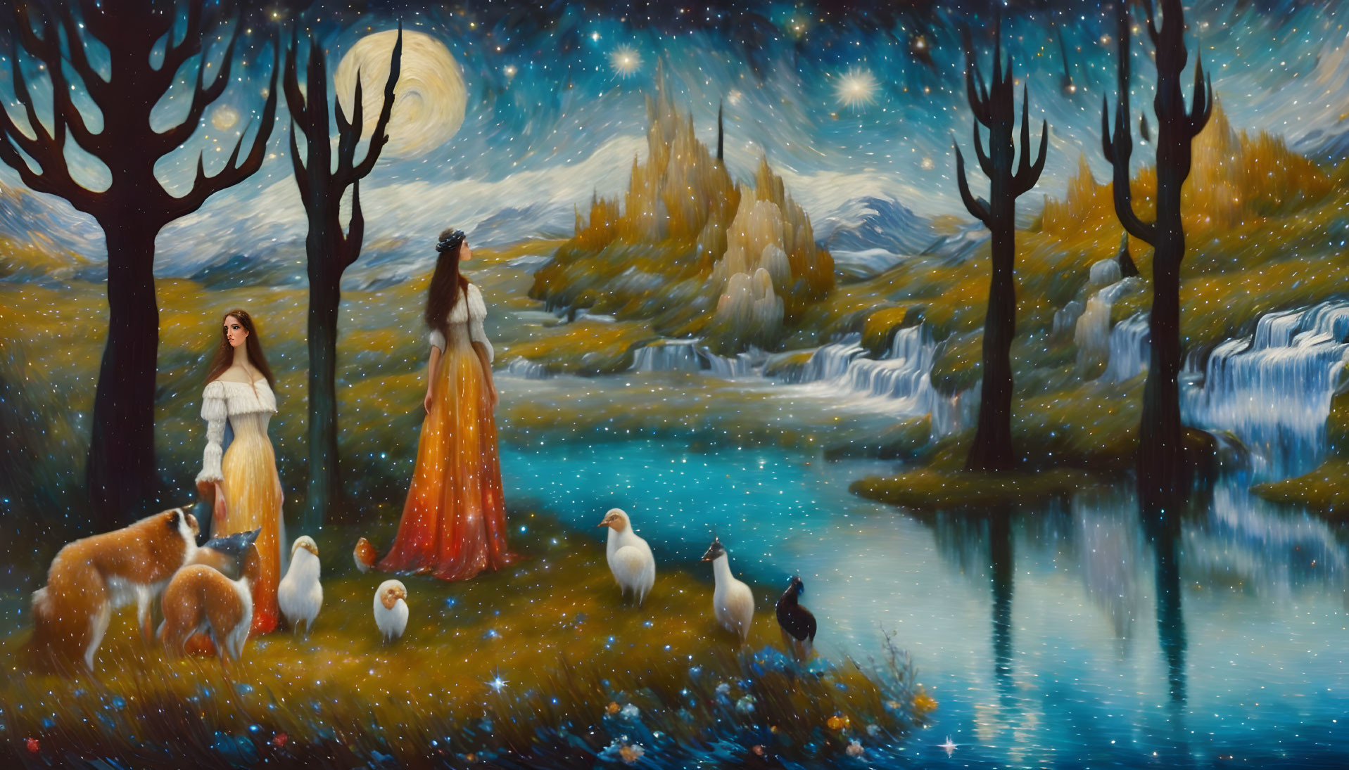 Two women in elegant dresses in fantastical nocturnal landscape with waterfalls, moon, stars, trees