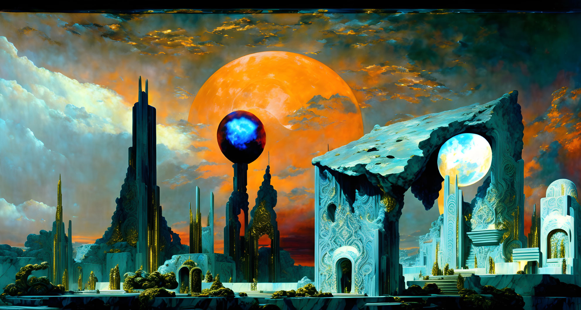 Fantastical sci-fi landscape with towering spires and ancient ruins.