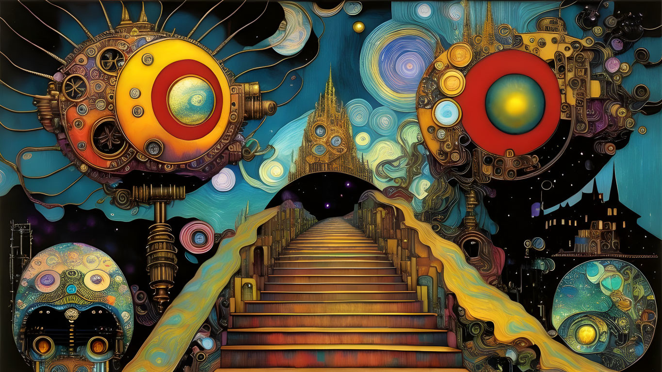 Surreal artwork: Staircase to vibrant cosmic scene with mechanical eyes