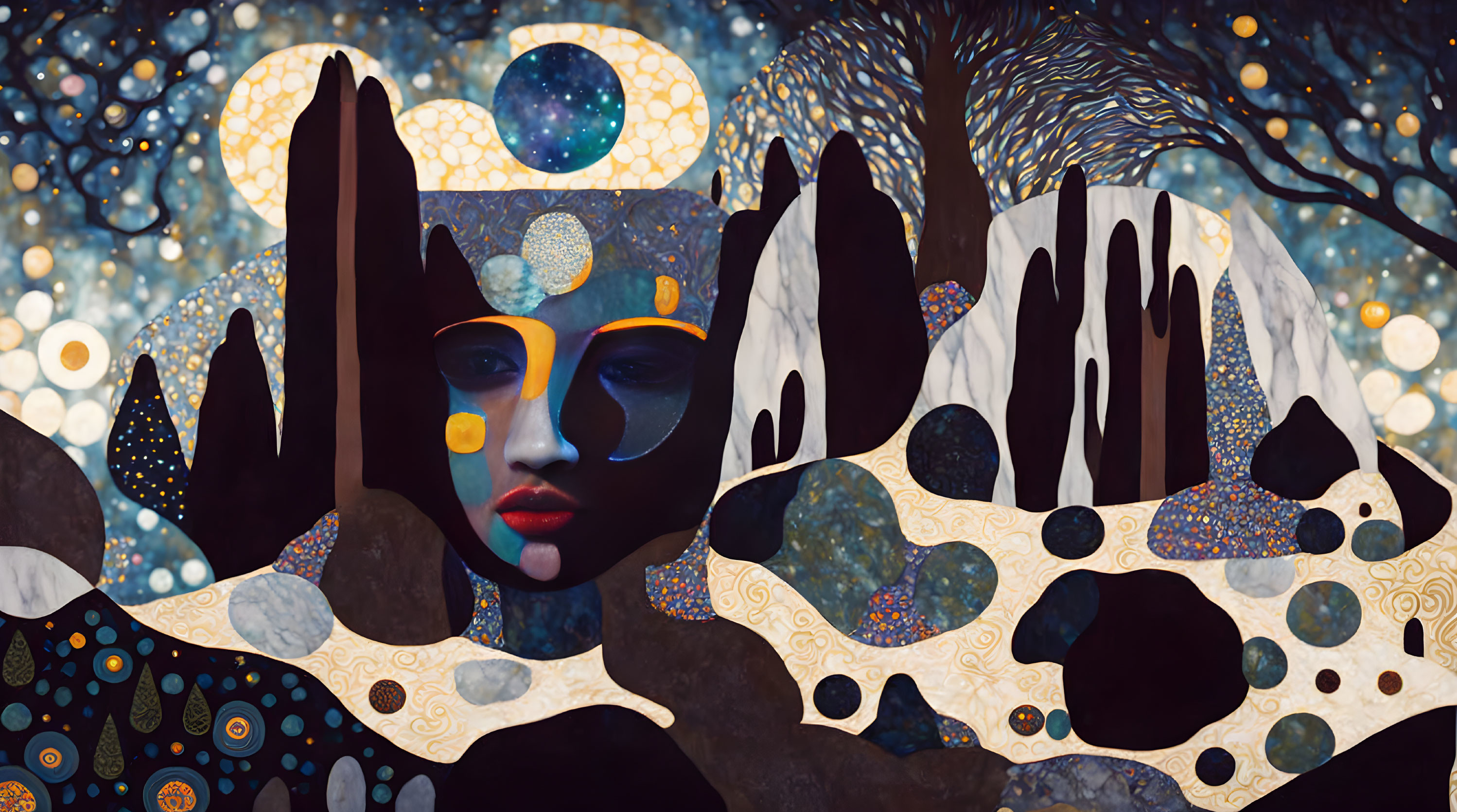 Surreal artwork: Woman's face merges with abstract patterns and nature against starry backdrop