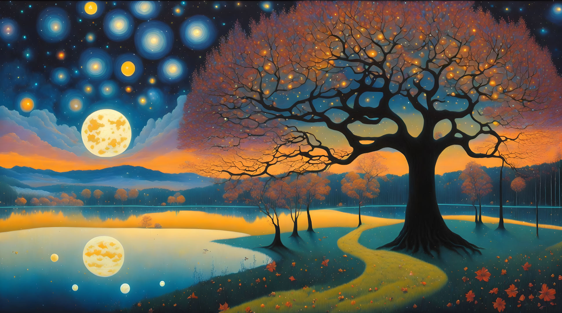 Vibrant stylized landscape with autumn tree, lake reflection, sunset sky, and multiple moons.