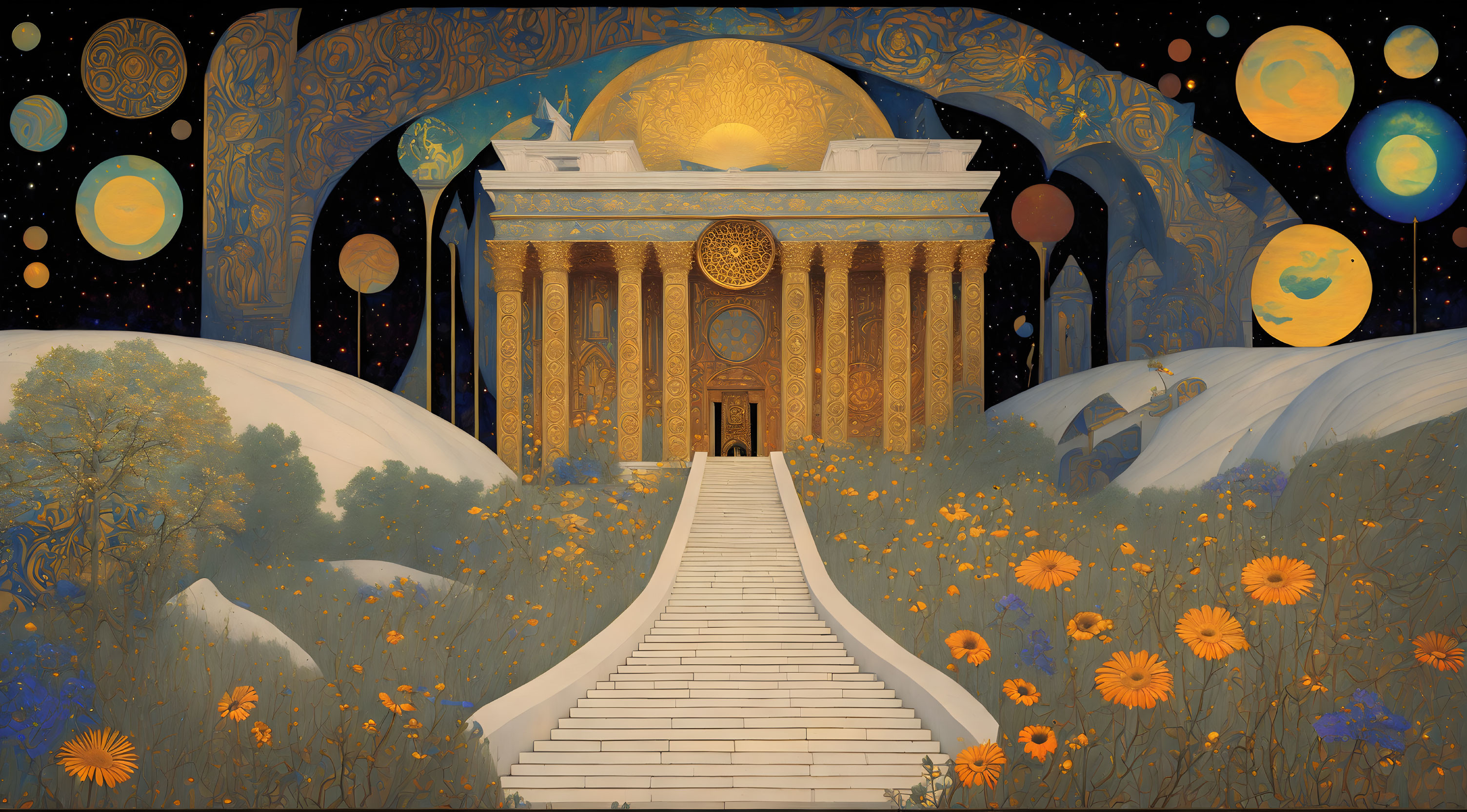 Classical Building with Golden Dome in Night Sky Landscape