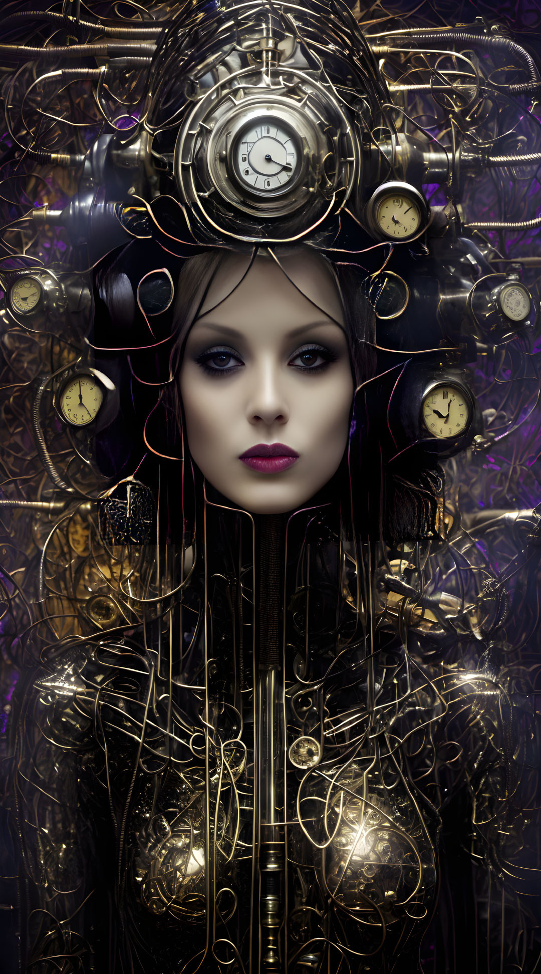 Dark makeup woman in steampunk setting with brass gears and clocks