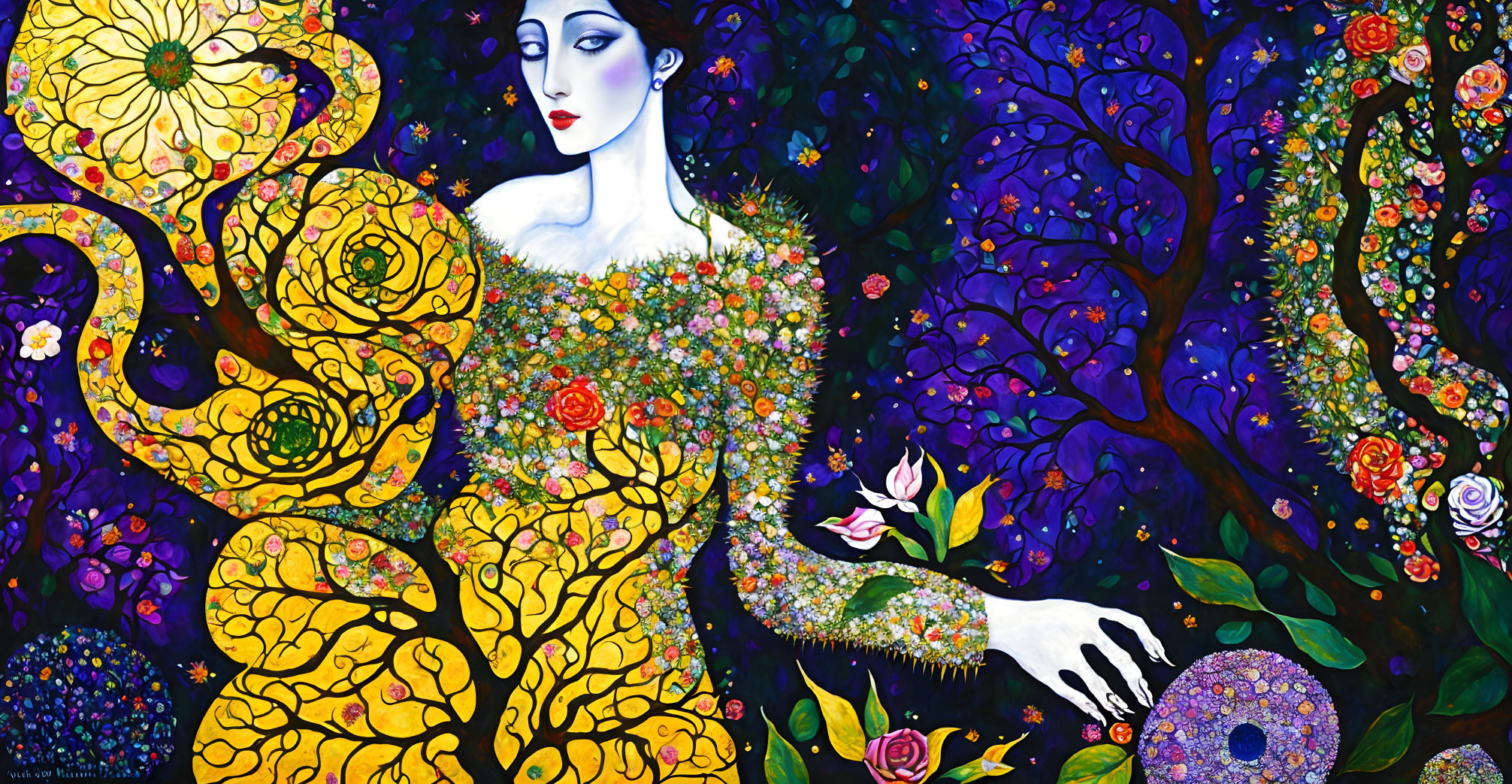 Colorful artwork of woman with floral patterns in whimsical garden