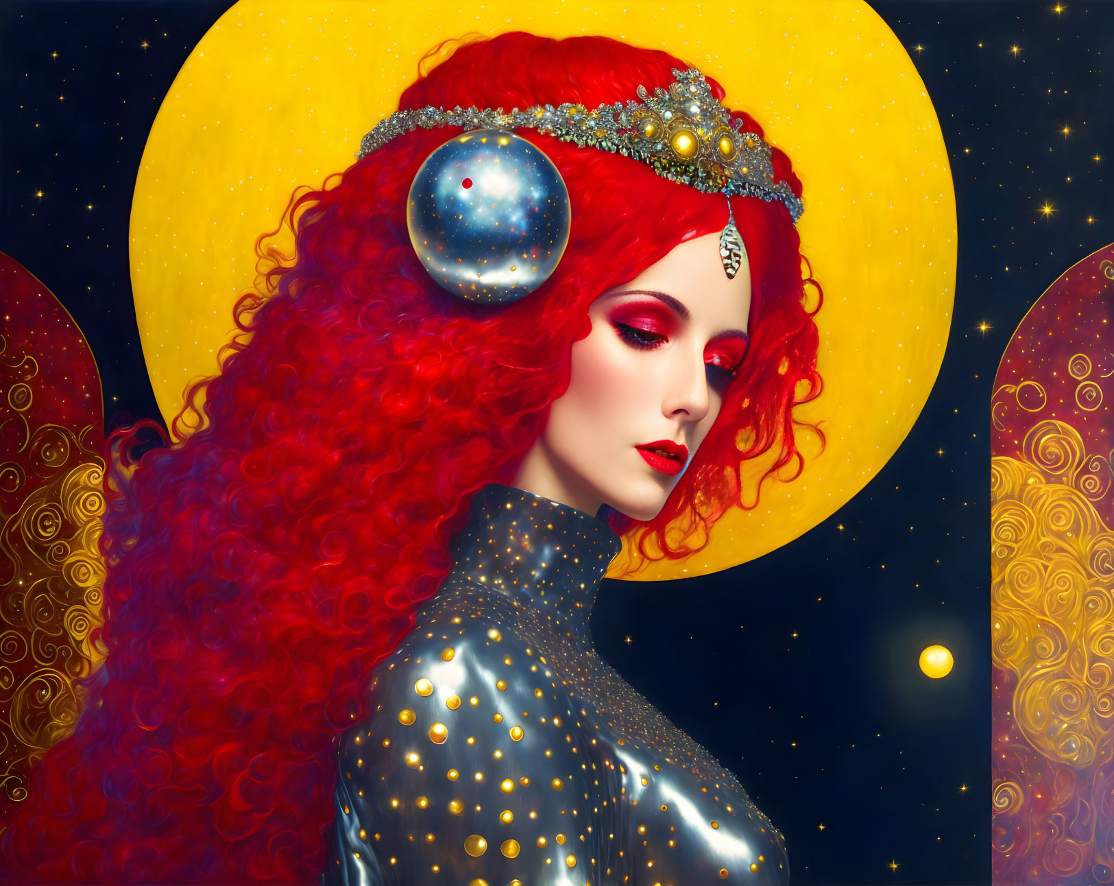 Vibrant red-haired woman in celestial attire with golden moons and stars.