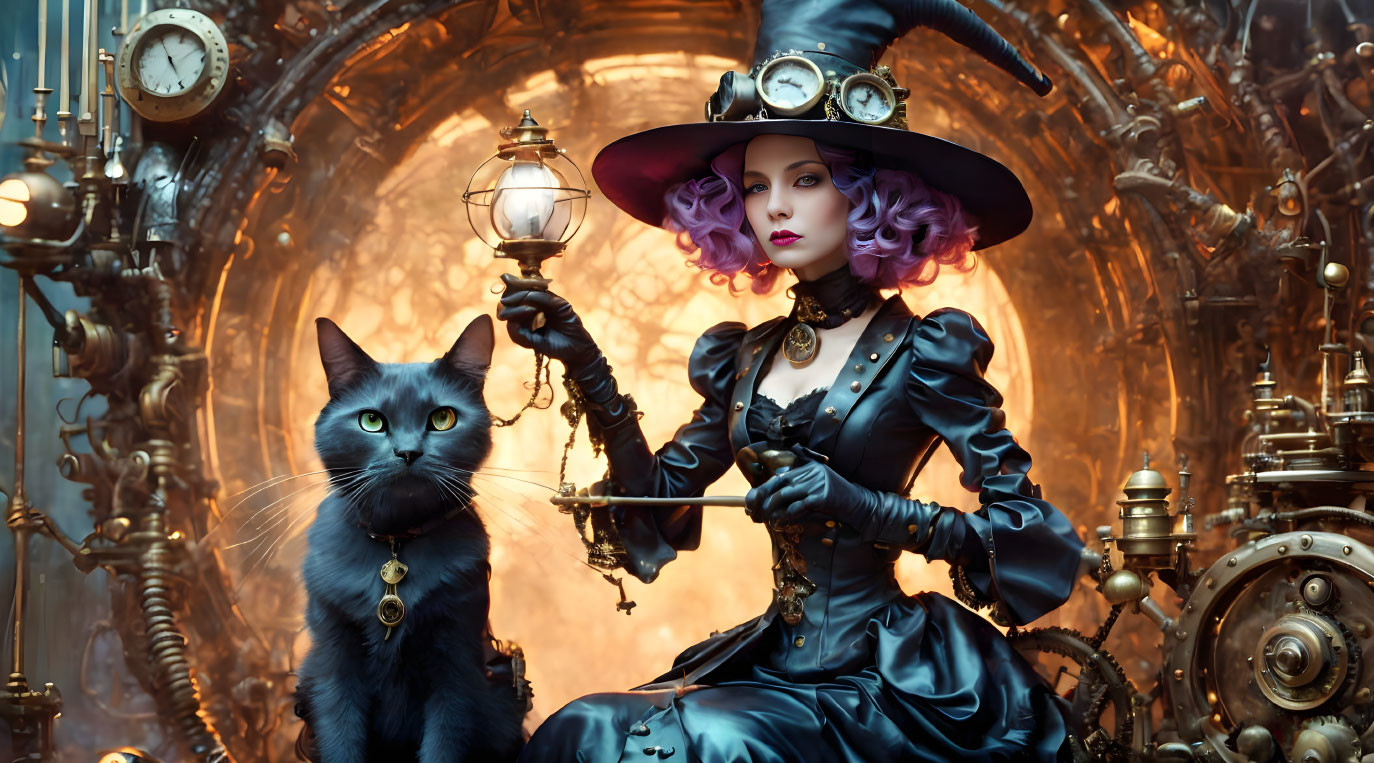 Steampunk woman with top hat and lantern next to large cat in gear-filled scene.