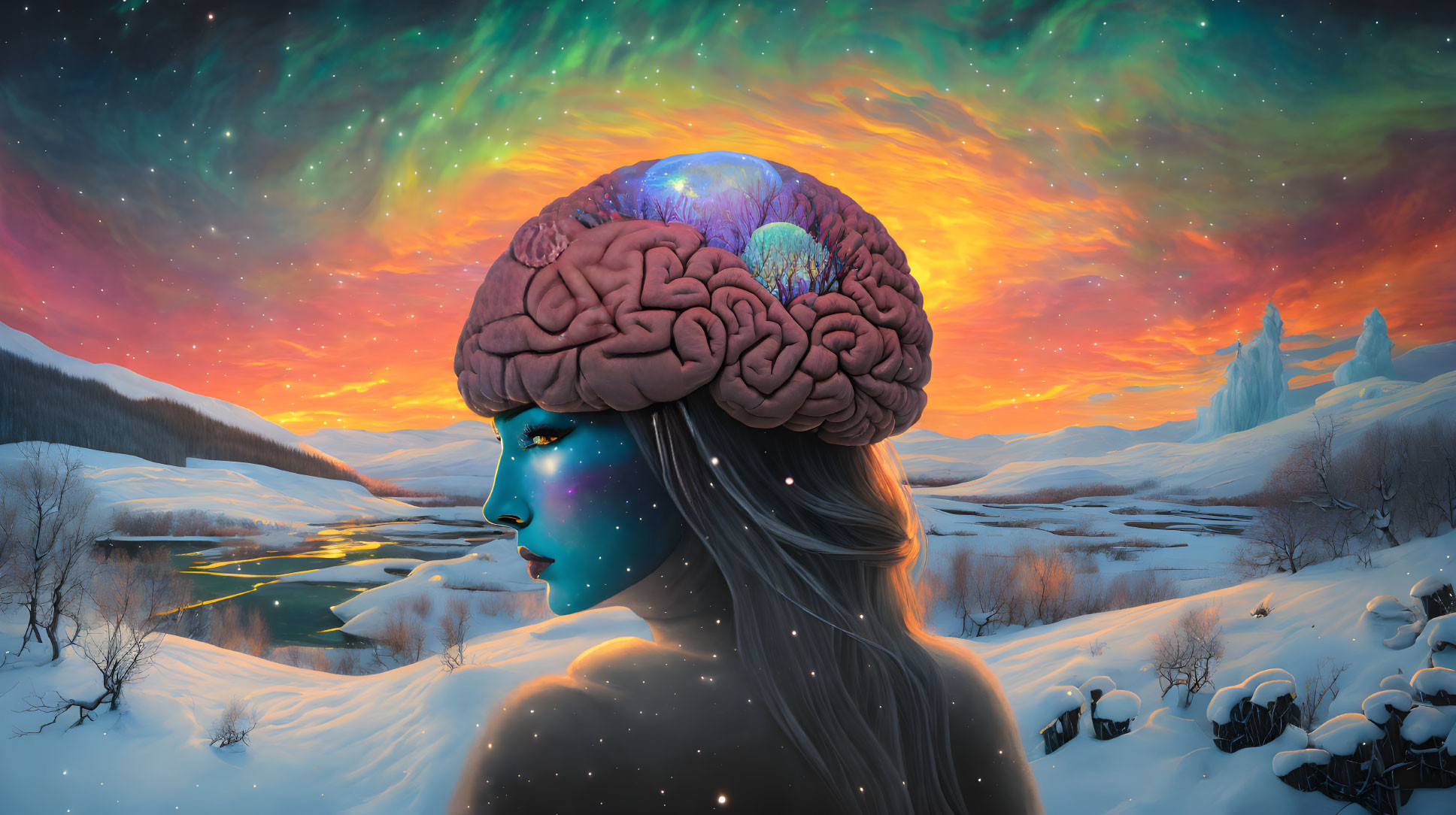 Illustration: Woman with exposed brain in surreal cosmic scene.