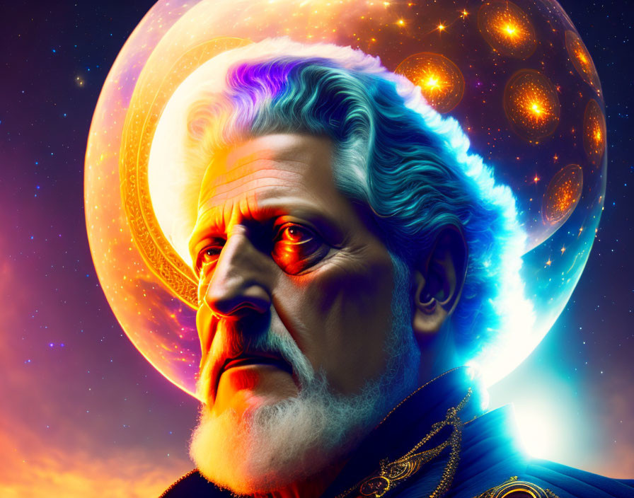 Vibrant cosmic portrait of a man with glowing eye and celestial backdrop