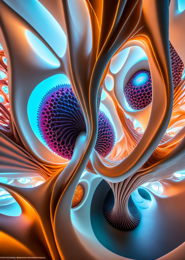 Abstract blue and orange swirling patterns with circular fractal structures