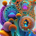 Abstract blue and orange swirling patterns with circular fractal structures