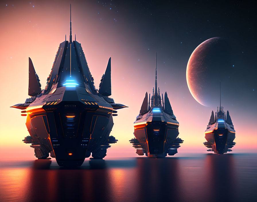 Futuristic ships over tranquil ocean at dusk