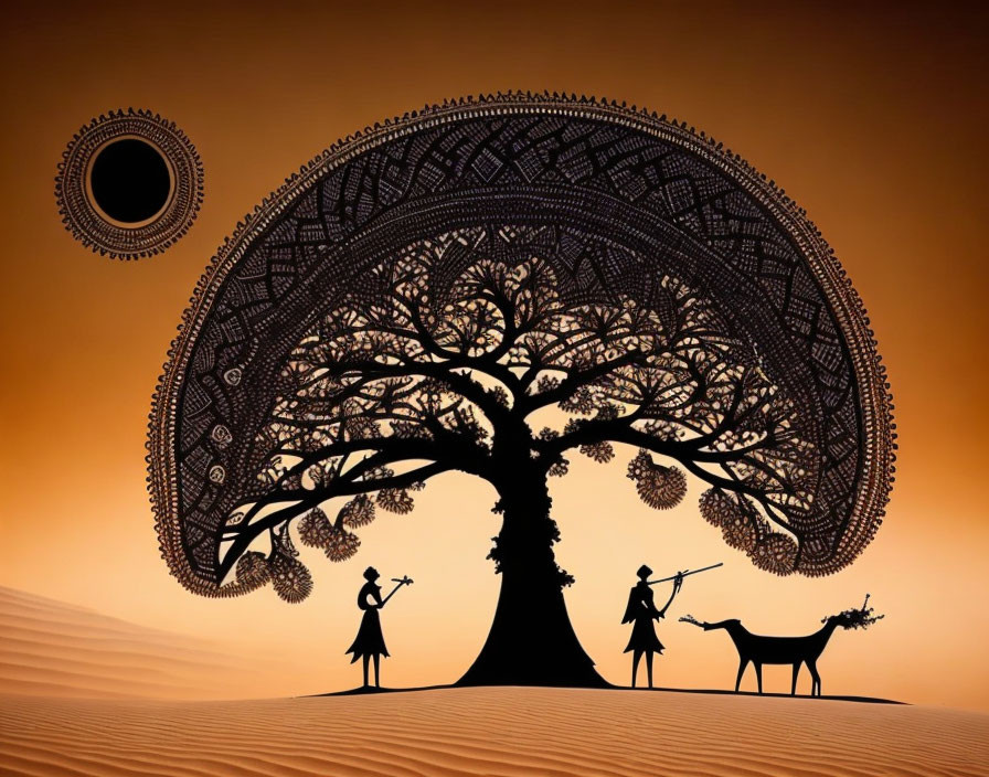 Detailed silhouette of tree, people, donkey in desert with ornate sun