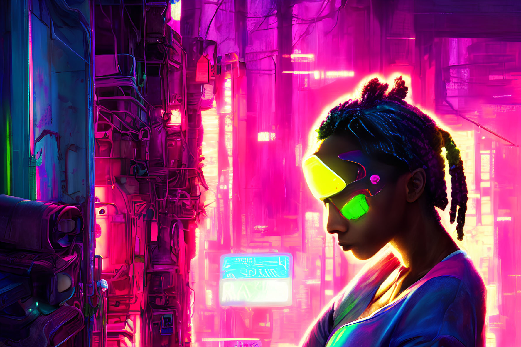 Futuristic glasses wearer in front of neon-lit cityscape