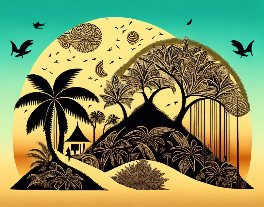 Tropical landscape silhouette with palm trees, hut, birds, hills, ombre sky, and