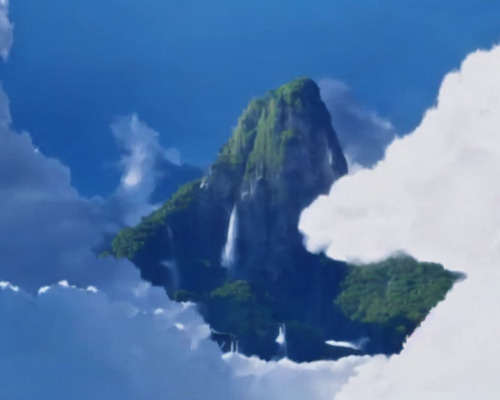 Scenic green mountain peak with waterfalls and clouds on blue sky