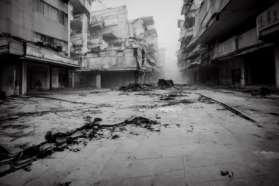 Desolate urban landscape with crumbling buildings and debris-littered street