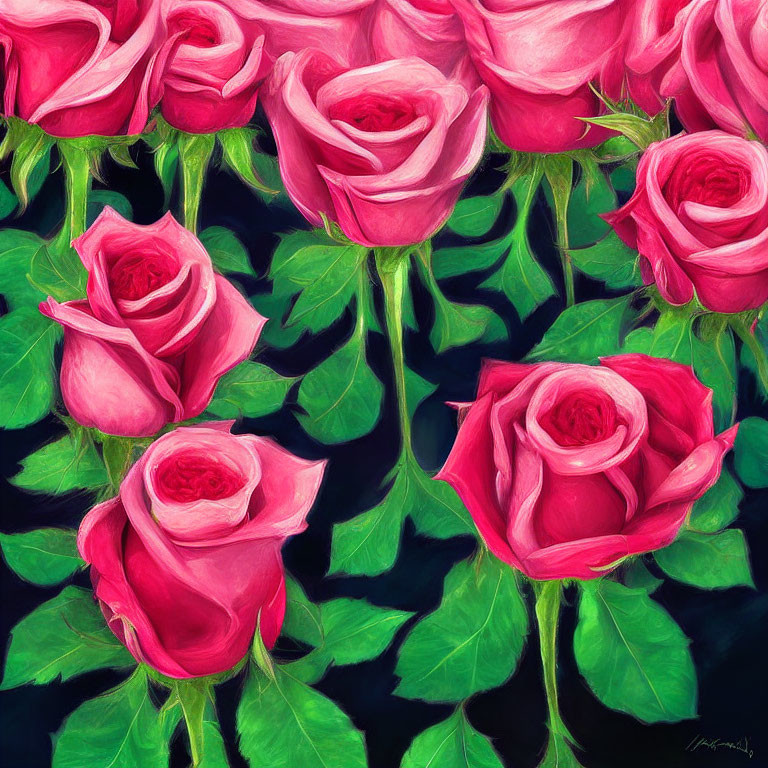 Vibrant pink roses and lush green leaves on dark background