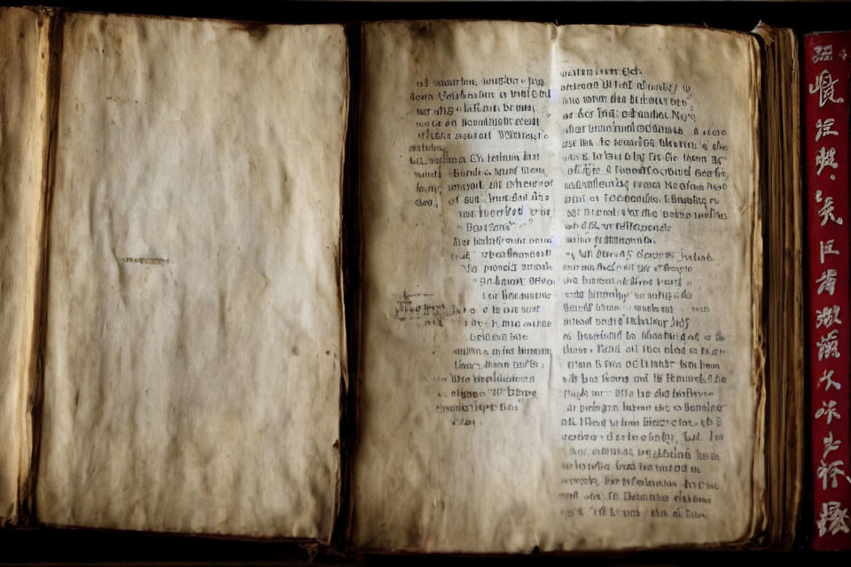 Ancient open book with yellowed pages and foreign script on dark background