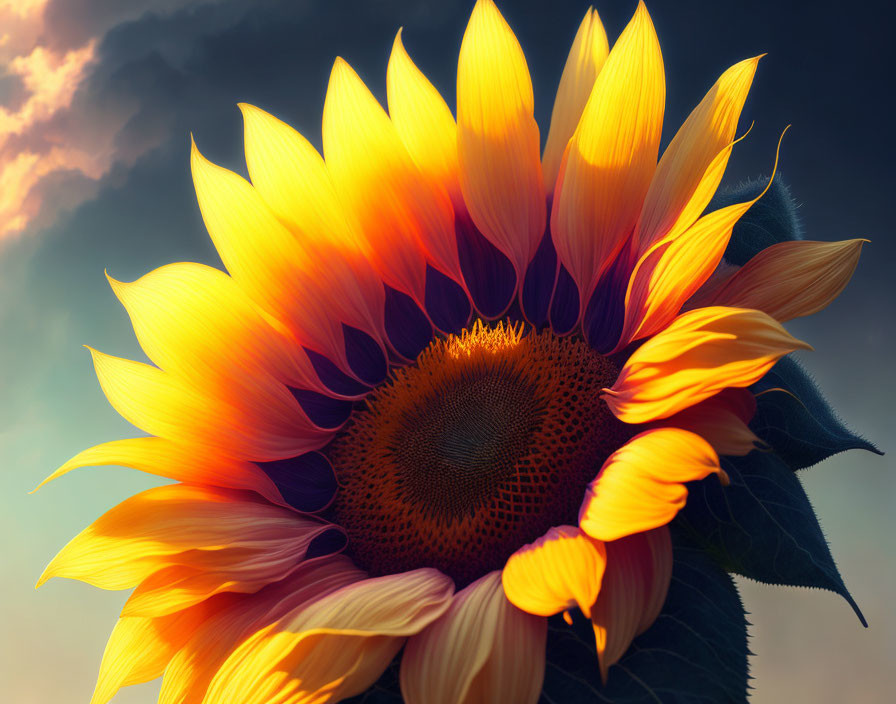 Bright yellow sunflower against dramatic cloudy sky