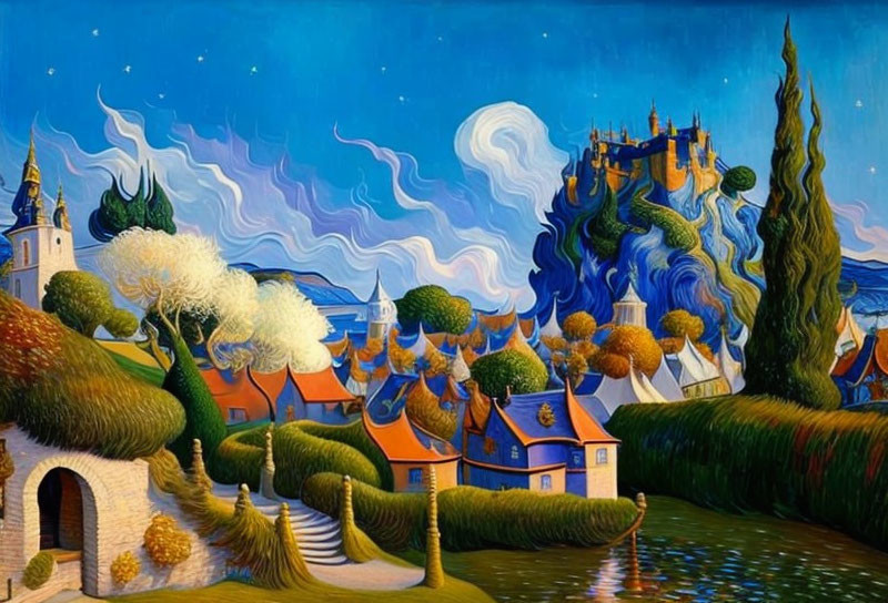 Whimsical village painting with swirling skies