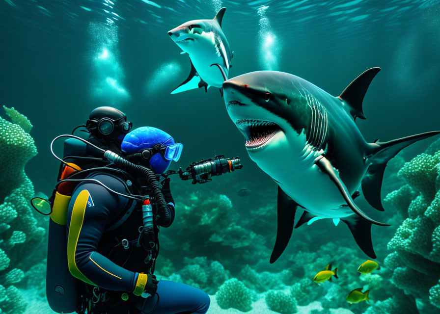 Underwater scene: Scuba diver, sharks, vibrant coral reef