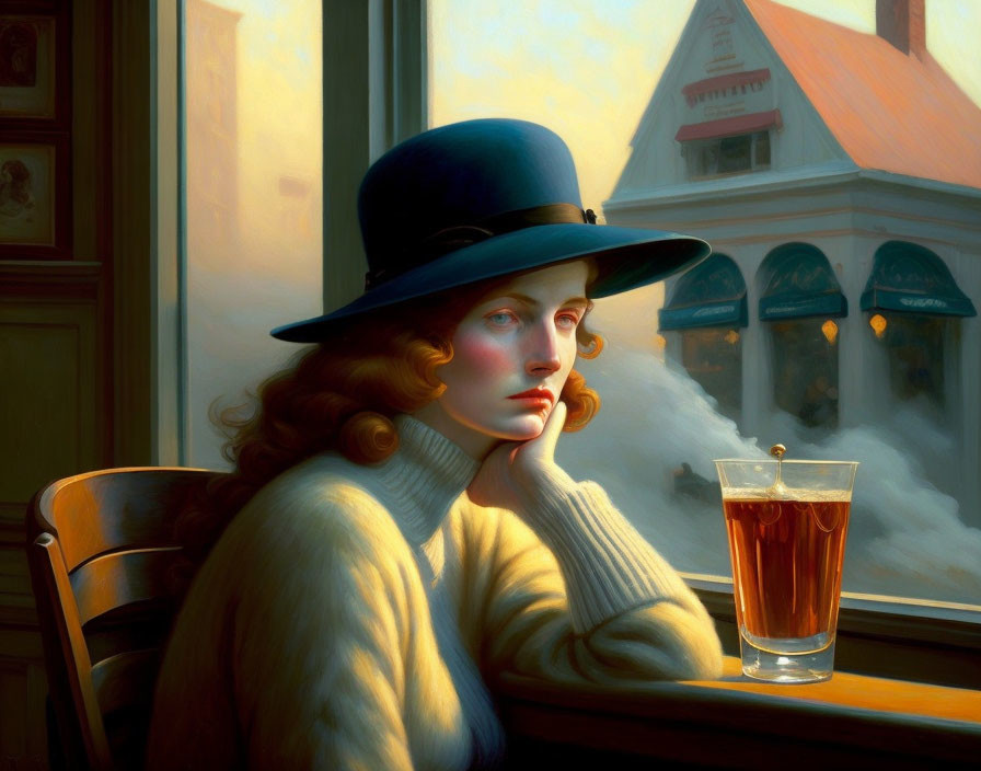 Woman in Blue Hat and Cream Sweater Contemplating Snowy Window View