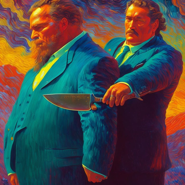 Two men in suits with swirling colors, one holding a knife.