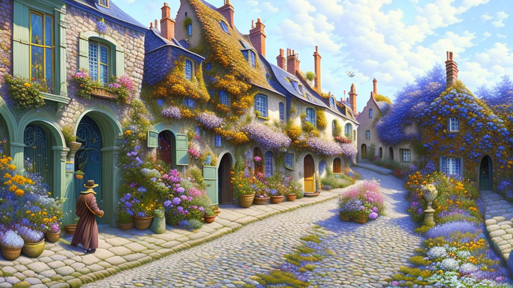 Historic cobblestone street with old-world houses and wisteria flowers