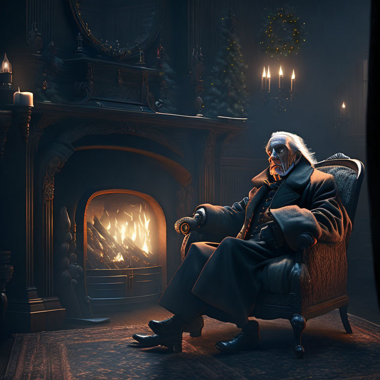 Elderly man with white hair and glasses in a dark room by fireplace