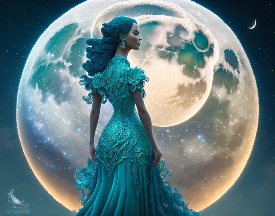 Ethereal woman in turquoise gown with flowing blue hair gazes at detailed moon in digital artwork