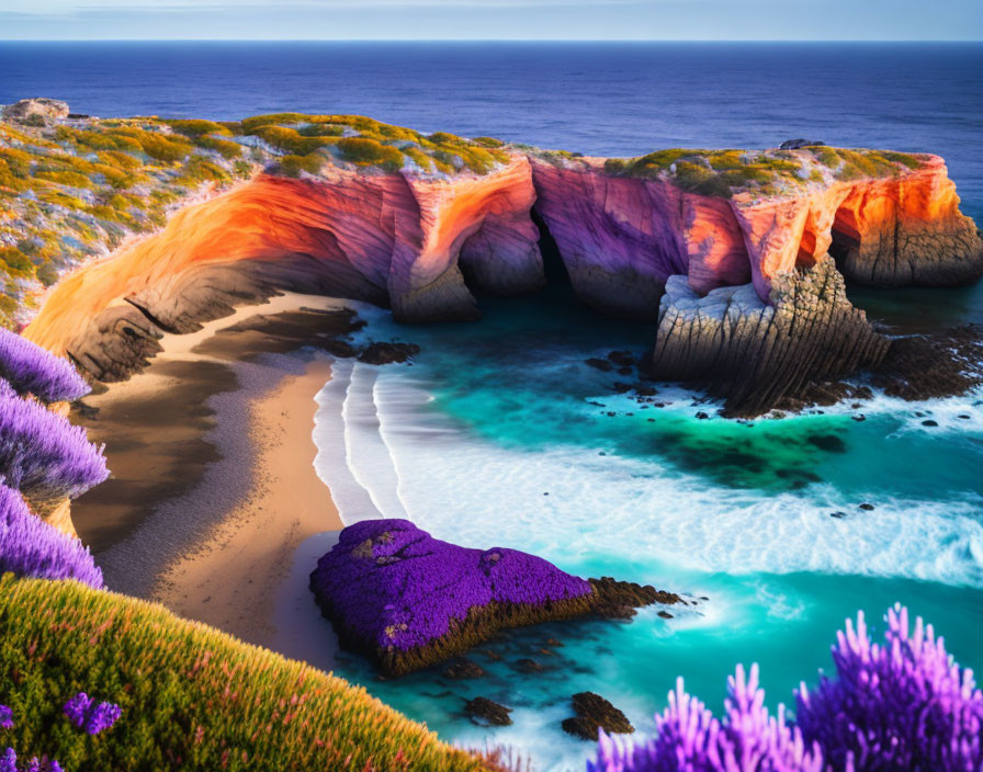 Colorful Coastal Landscape with Cliffs, Beach, and Flowers