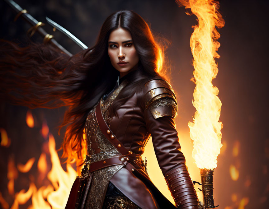 Medieval warrior woman with sword in fiery backdrop.